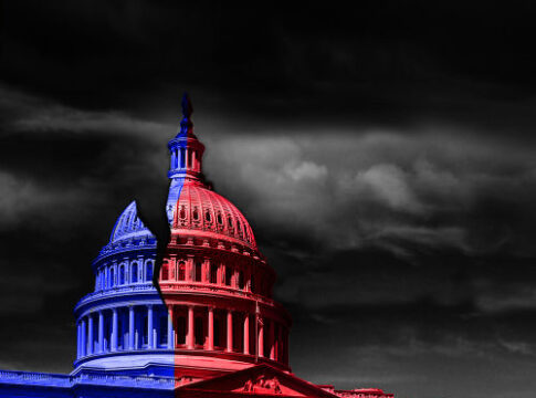 United States Capitol split into blue and red halves