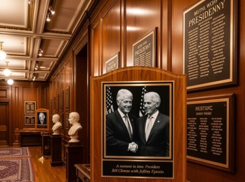 An exhibit featuring a photo of Bill Clinton and Jeffrey Epstein in a wooden-paneled room