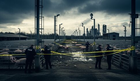 Police officers investigating a farm area with pigs and caution tape