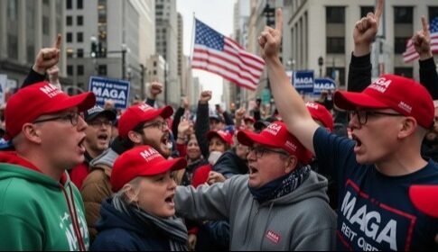 Crowd of people wearing MAGA hats at a political rally