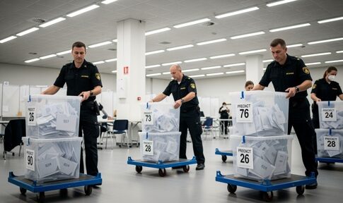 Election officials transporting ballot boxes in a counting facility