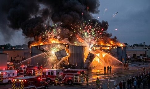 Firefighters battling a large industrial fire with explosions and smoke