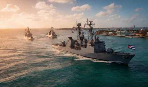A naval fleet of ships sailing in the ocean with a Cuban flag visible